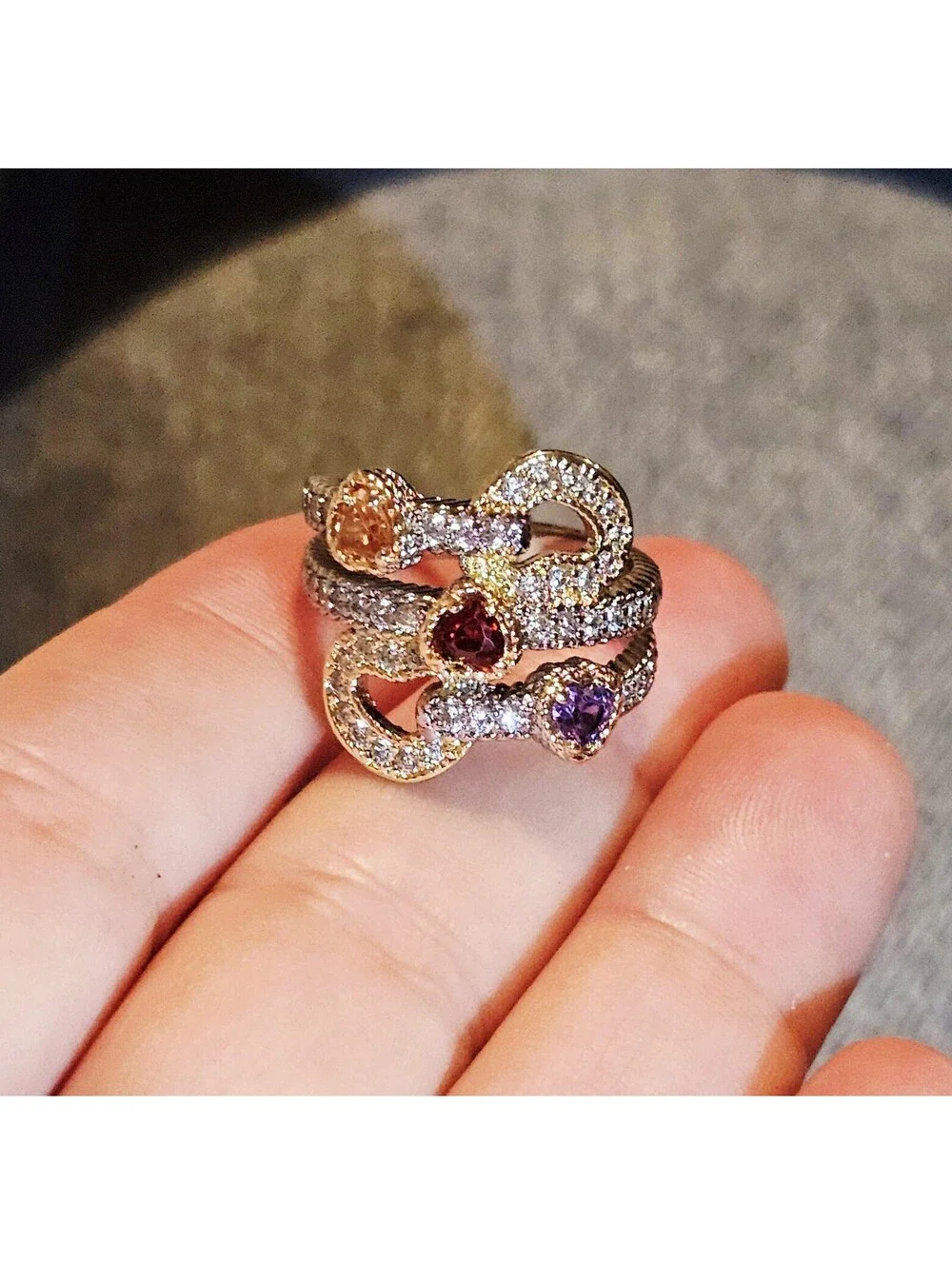 New Two Tone Heart CZ Ring Size 8 Sparkling Fall Colors Multi-band Cocktail